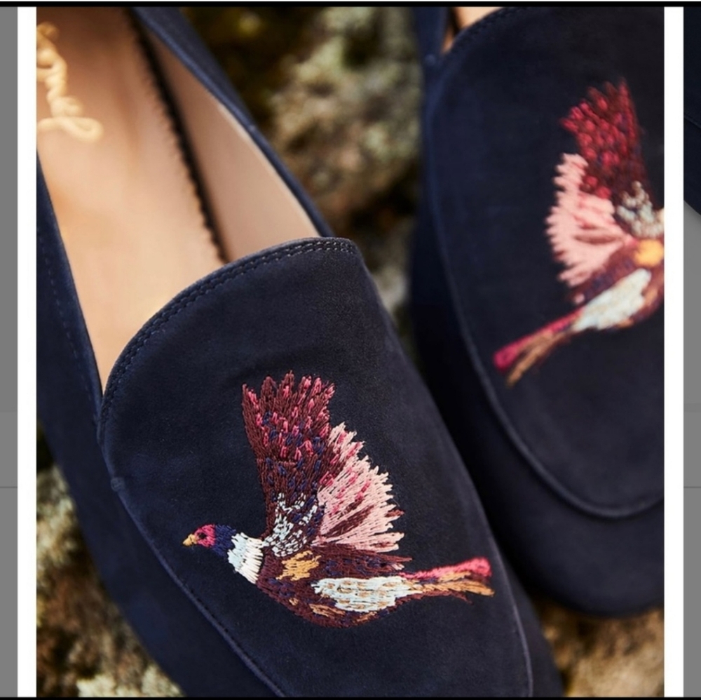 NEW Joules Lexington‎ Bird Pheasant Suede Loafers Embroidered Blue US size 5
